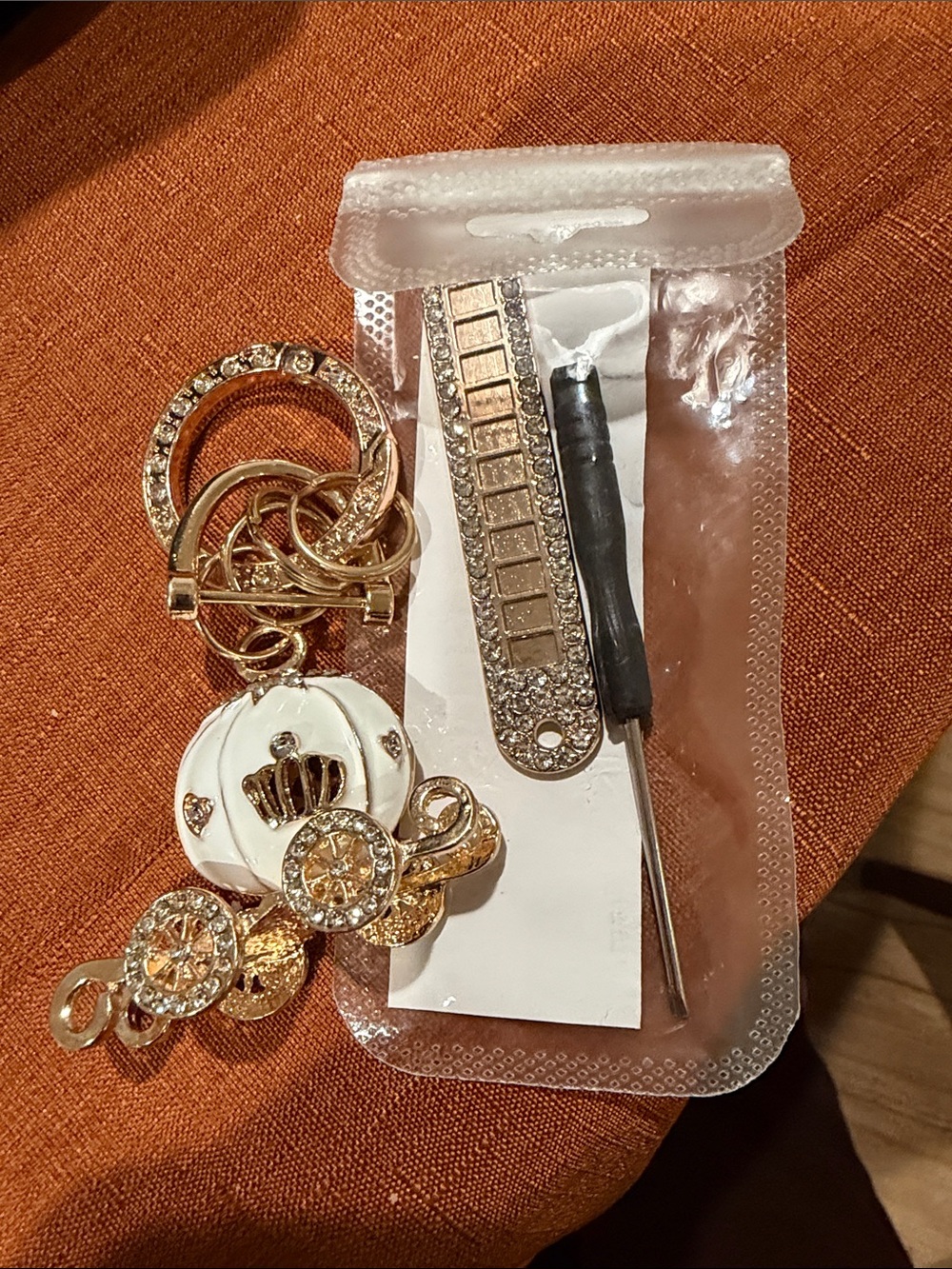 Gold and White Crown Charm Keychain with Crystal Accents